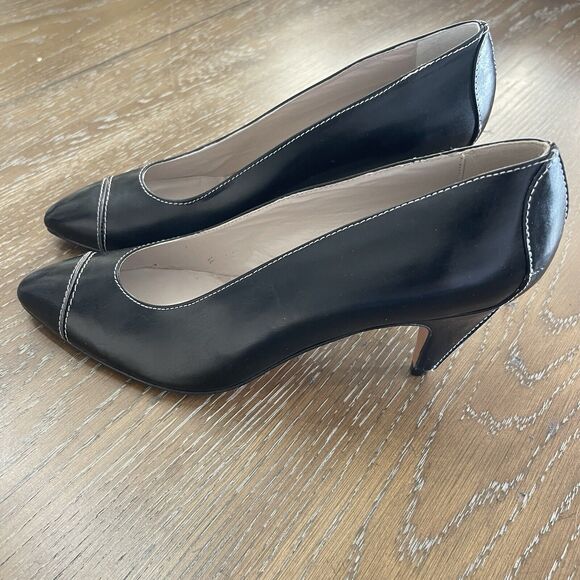Phyllis Poland Leather Pump Heels Womens 9.5 Made in Italy Black Contrast Stitch - Picture 1 of 6
